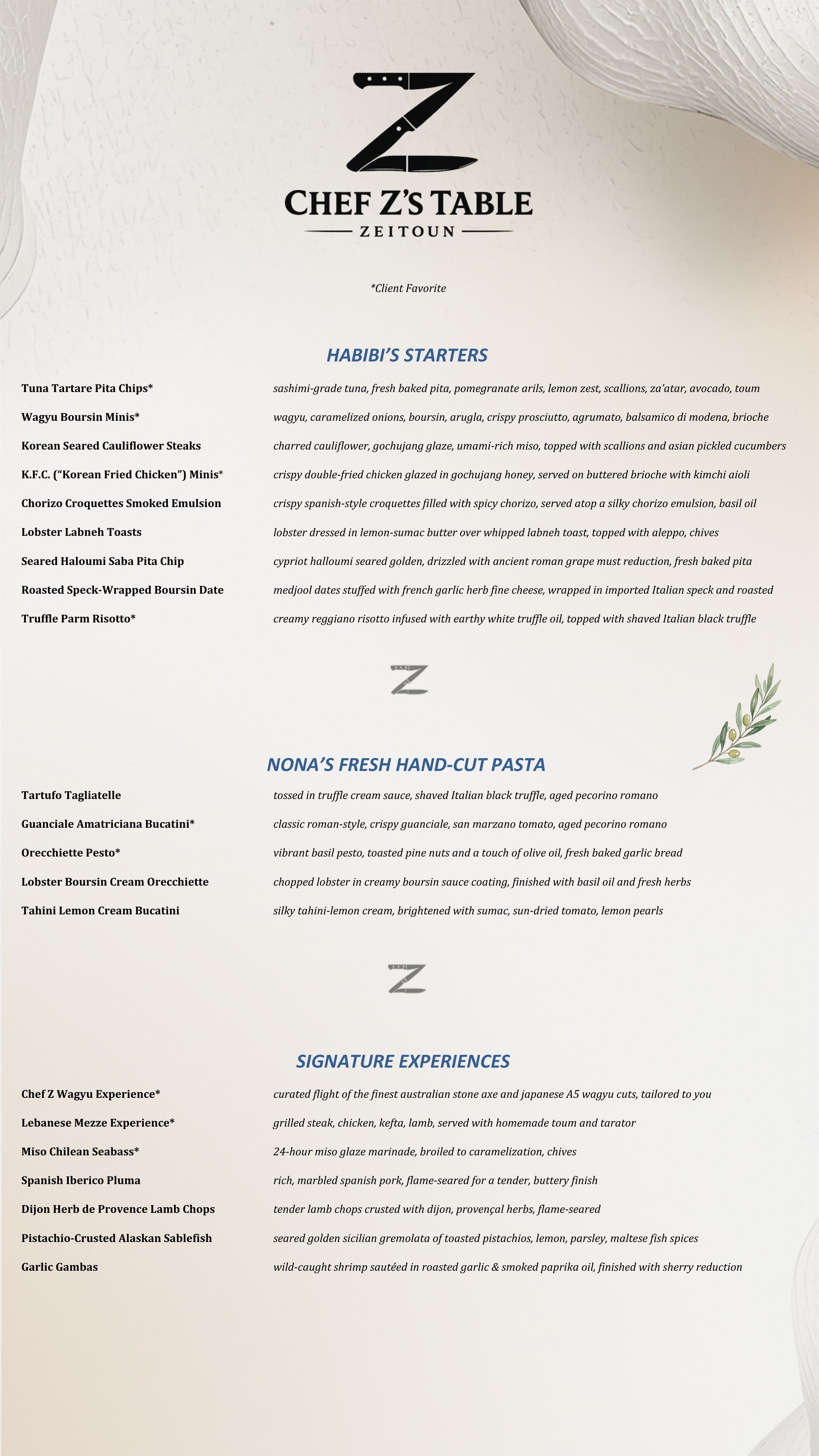 Chef Zeitoun menu page 1